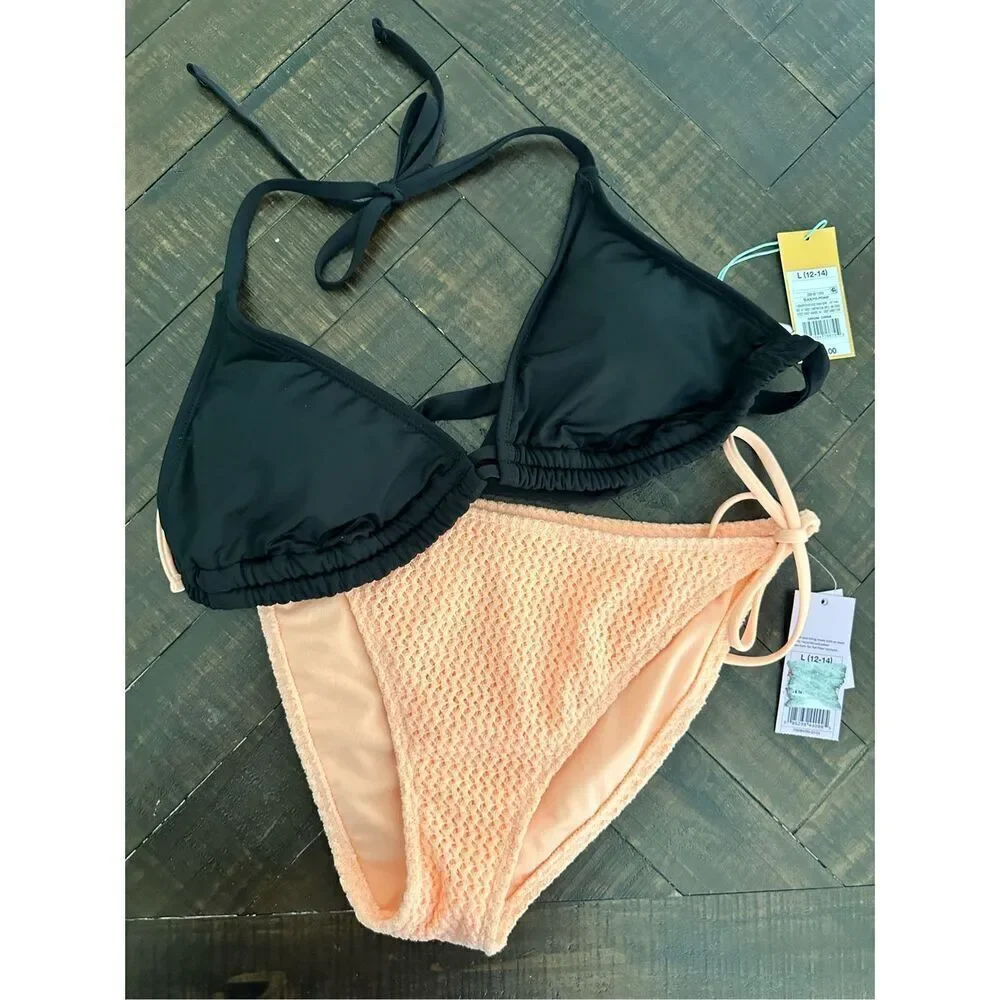 Black and Orange Low Rise High Leg Knit Bottoms Bikini Size Large New
